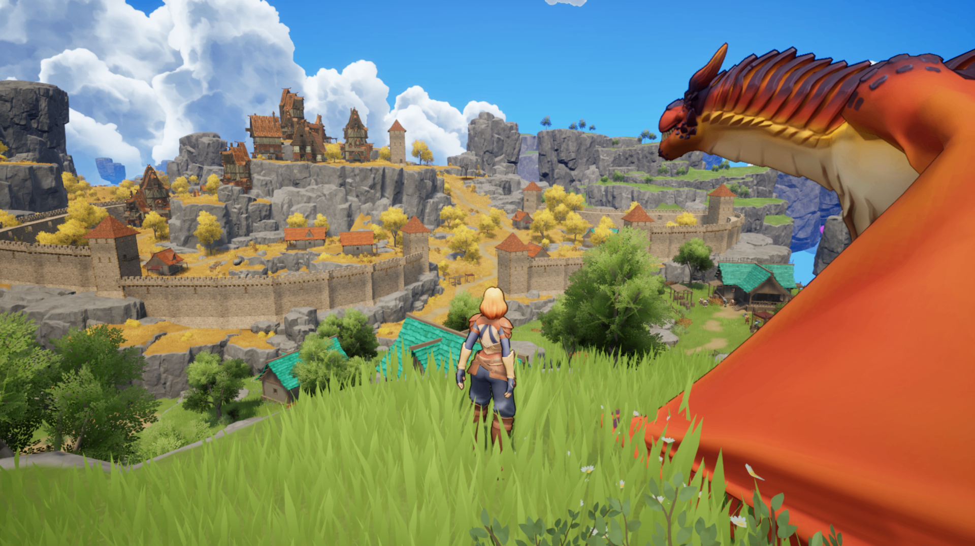 A hero overlooking a walled kingdom with a dragon companion