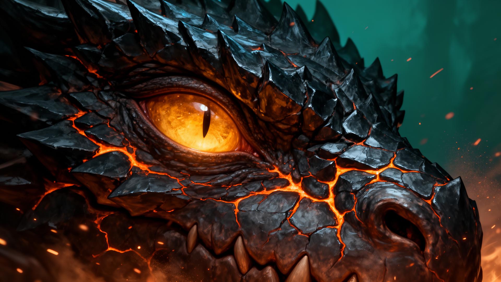 Close-up of a legendary dragon's glowing amber eye